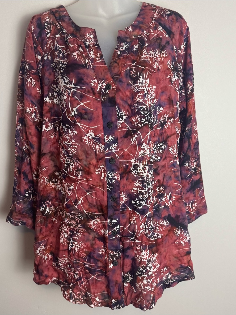 Soft Surroundings Watercolor Leaf Print Button Front V Neck Tunic Size Small